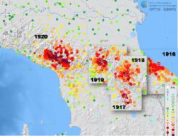 L’area interessata dalla serie di forti terremoti fra 1916 e 1920 [fonte: DBMI15 (http://emidius.mi.ingv.it/CPTI15-DBMI15)]